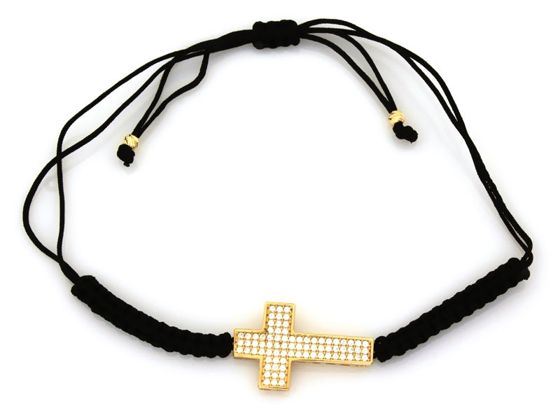 14K Gold Cross & Cubic Zirconia Bracelet with Adjustable Black Cord