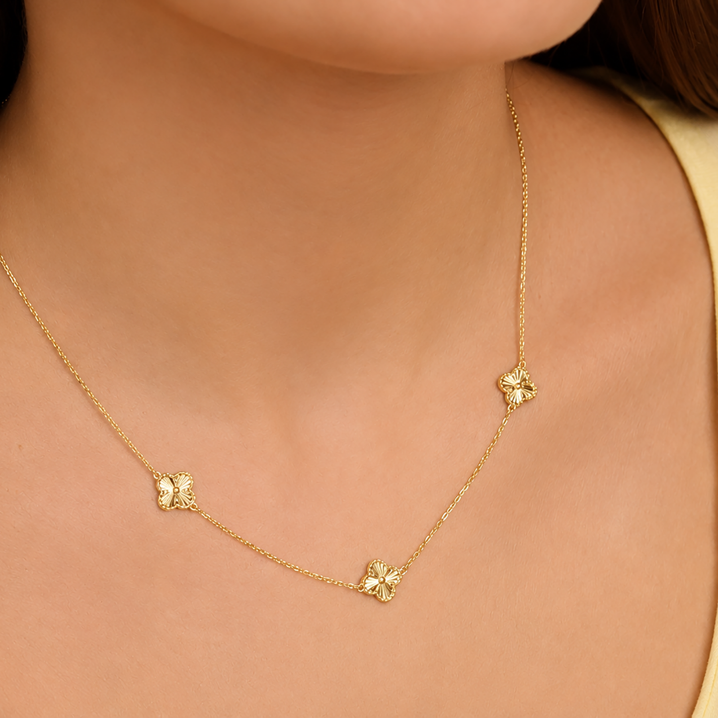14K Solid Gold Clover Station Necklace