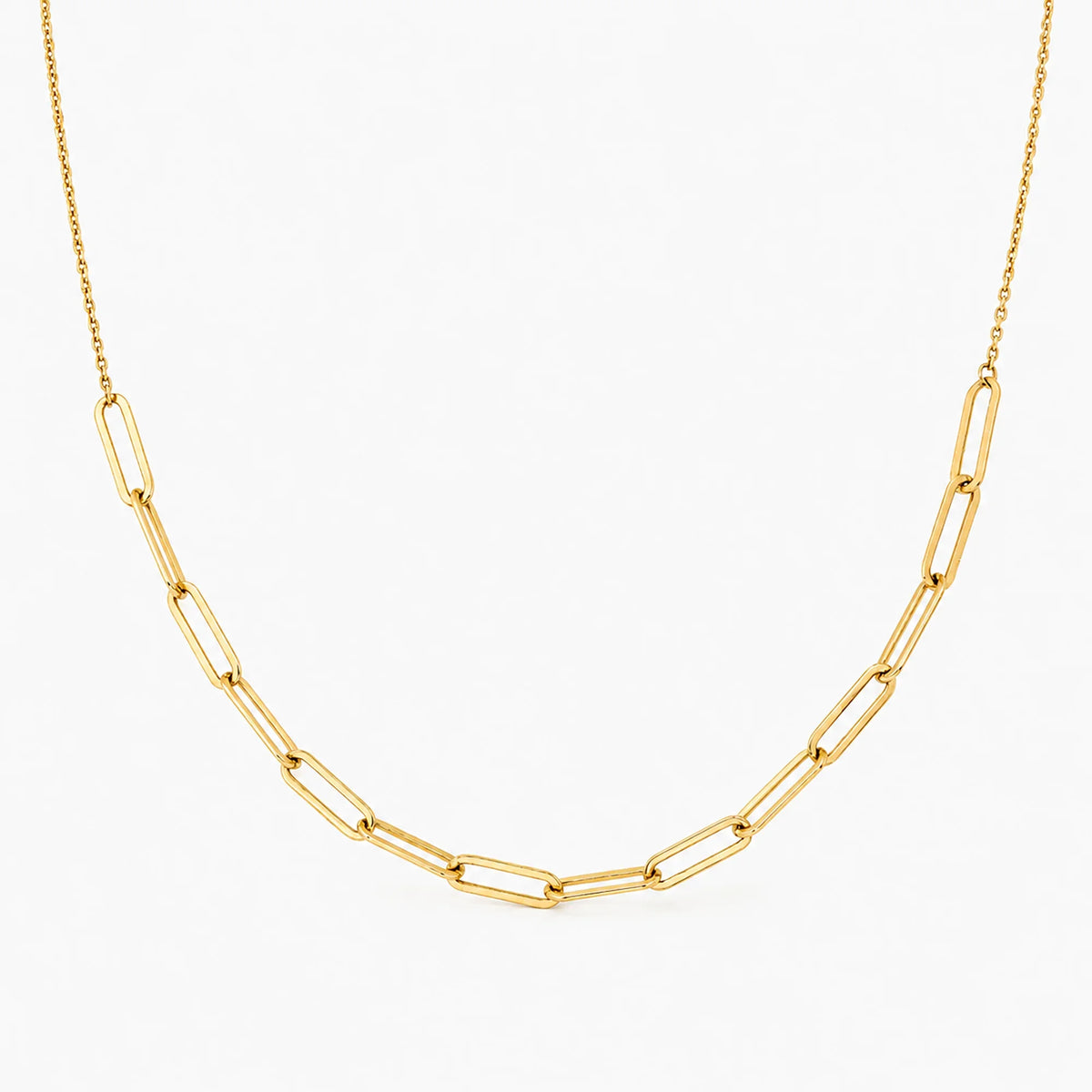 Lucche 14K gold paperclip chain necklace on a white background