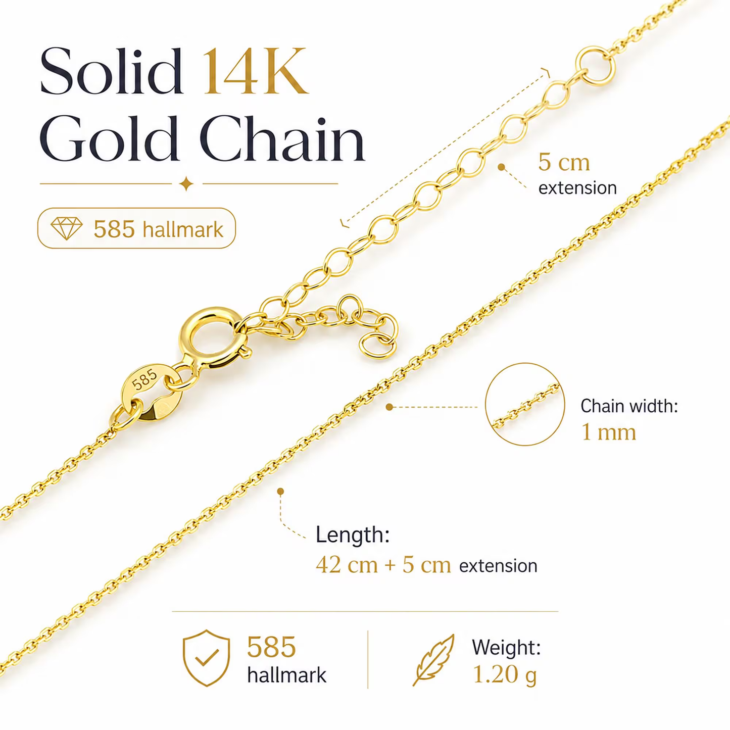 14K Solid Gold Fine Chain Necklace