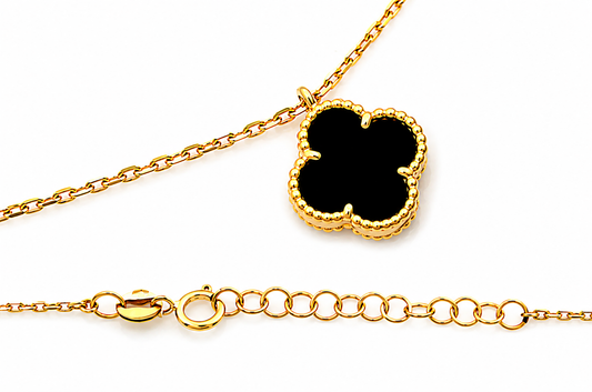 14K Solid Gold Clover Necklace – Black Clover Pendant, 45cm Chain