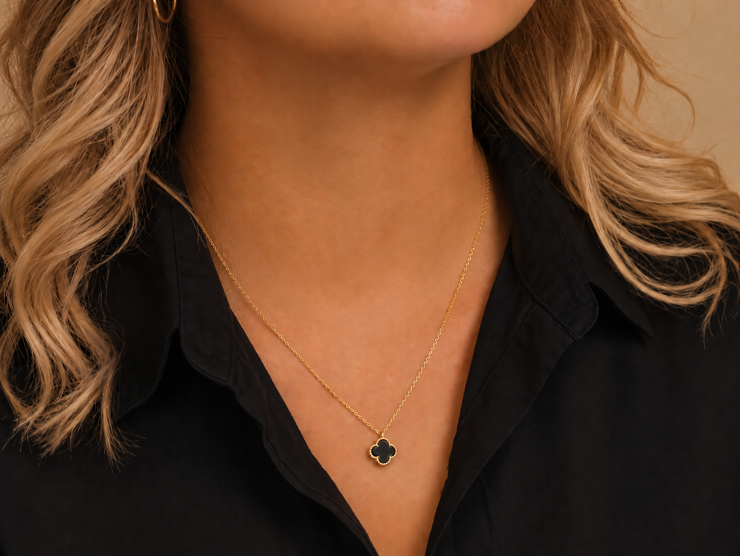 14K Solid Gold Clover Necklace – Black Clover Pendant, 45cm Chain