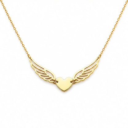 Lucche 14K gold necklace featuring a heart pendant with detailed angel wings