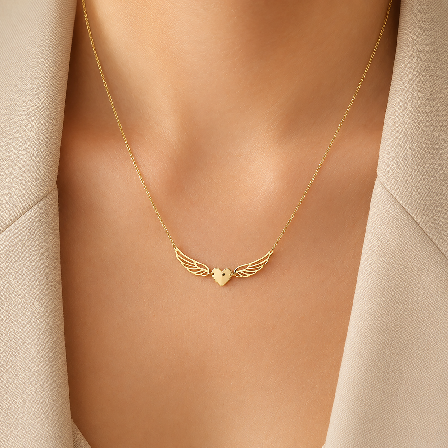 14K Gold Angel Wing Heart Necklace